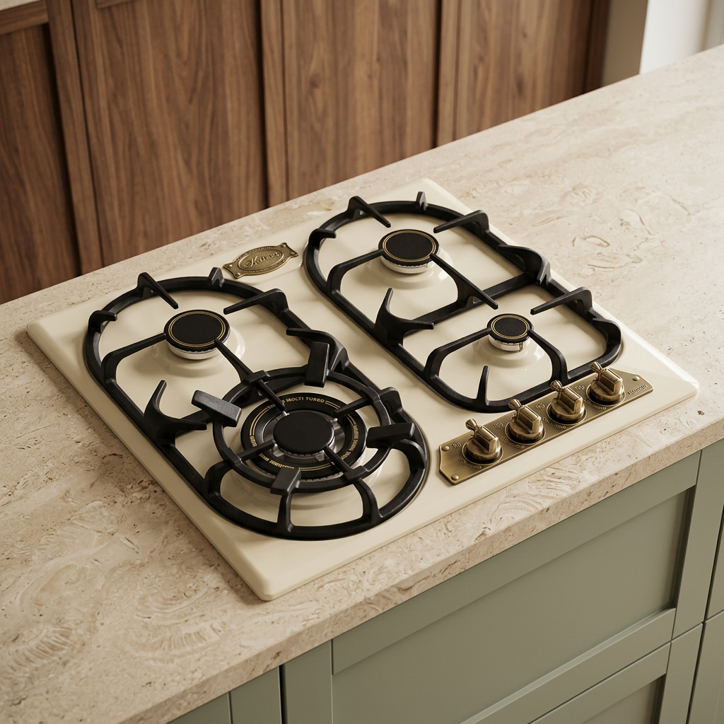 Cream Kaiser Empire gas hob in a sage-and-walnut kitchen