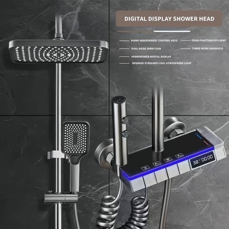 Crystal Supplies Shower Set Bathroom Grey Wall Mounted Four-Function Rain Shower Set with LED, Temperature Reader & Timer - CS 34BN