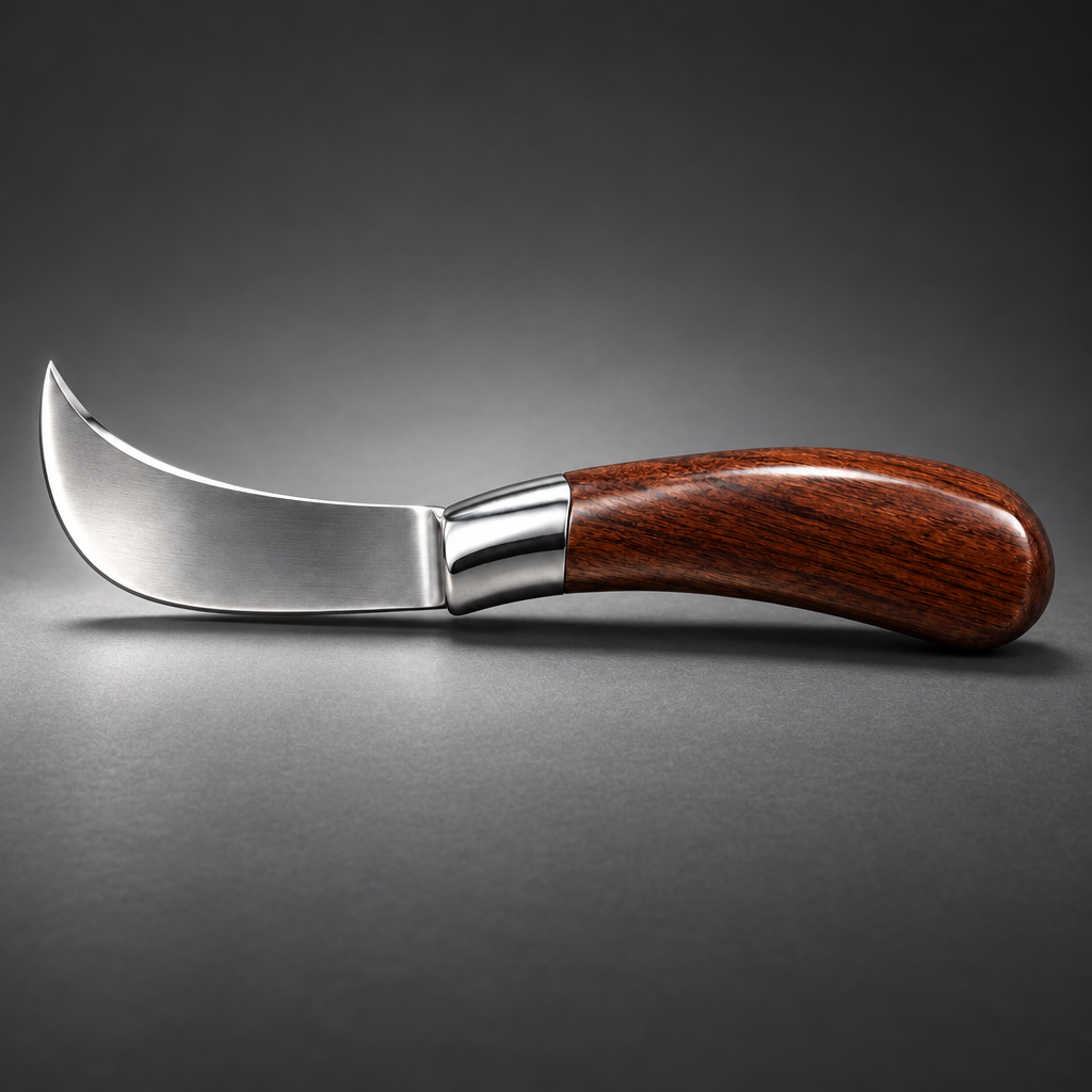Curved-blade knife on a cinematic grey background