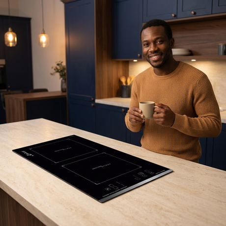 Evening coffee-break scene beside the black Domino induction hob