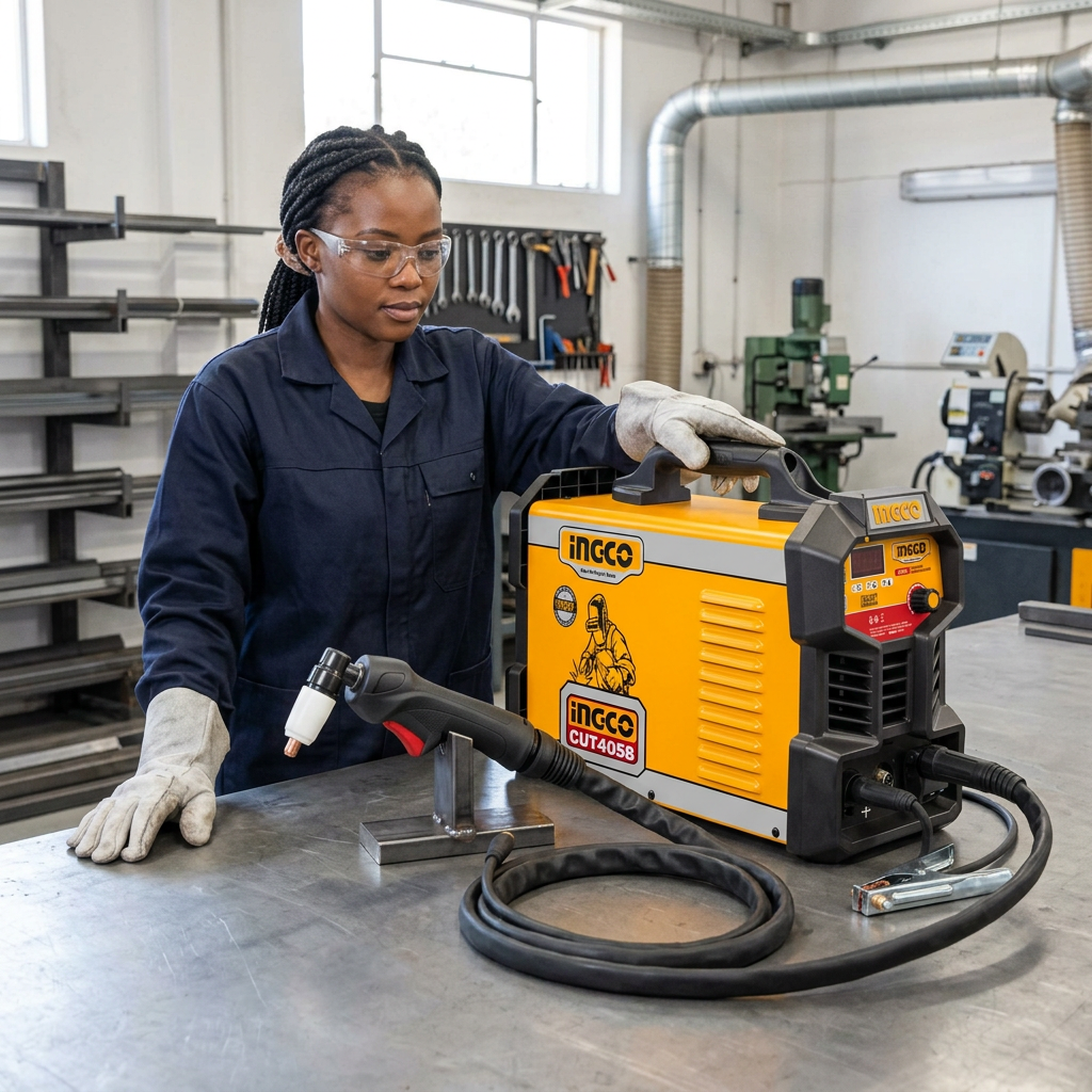 Fabricator preparing the Ingco plasma cutter with the machine off and torch resting in a stand