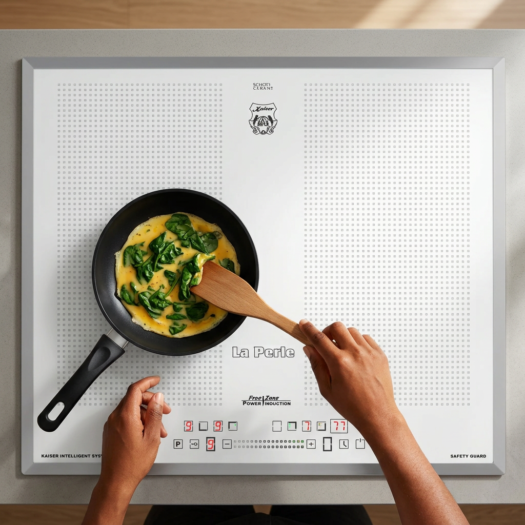 Face-hidden breakfast preparation on the white Kaiser La Perle 60cm induction hob