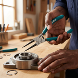 Face-hidden close-up preparing the JcTop straight-tip circlip pliers beside a bearing housing