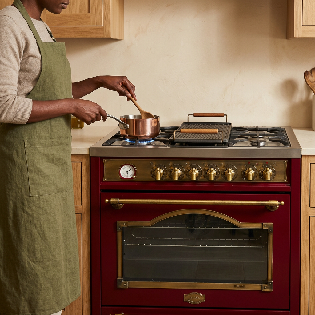 Face-hidden cooking scene using the Bordeaux red Kaiser range
