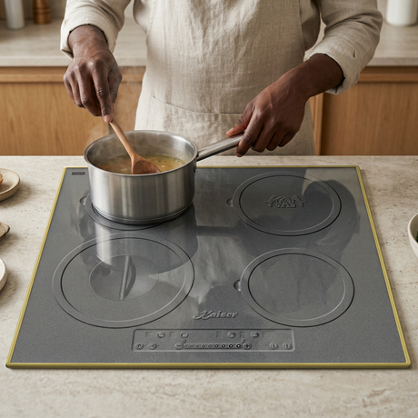 Face-hidden cooking scene using the gold-framed Kaiser induction hob