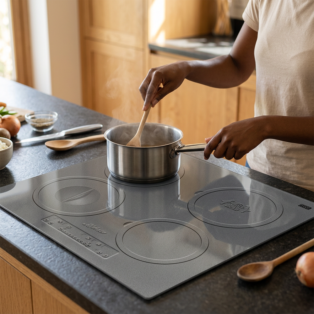 Face-hidden cooking scene using the Kaiser Herd induction hob