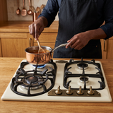 Face-hidden cooking scene with the cream Kaiser Empire gas hob