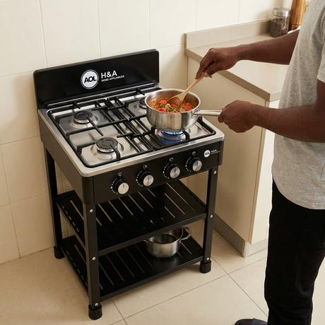 Face-hidden cooking scene with the H&A four-burner floor-standing gas stove