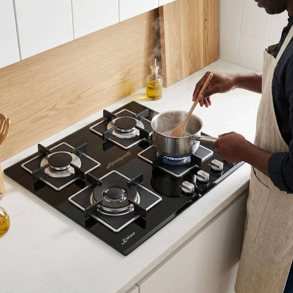 Face-hidden cooking scene with the Kaiser four-burner hob