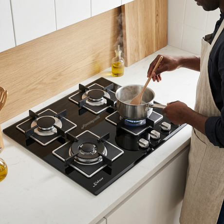 Face-hidden cooking scene with the Kaiser four-burner hob