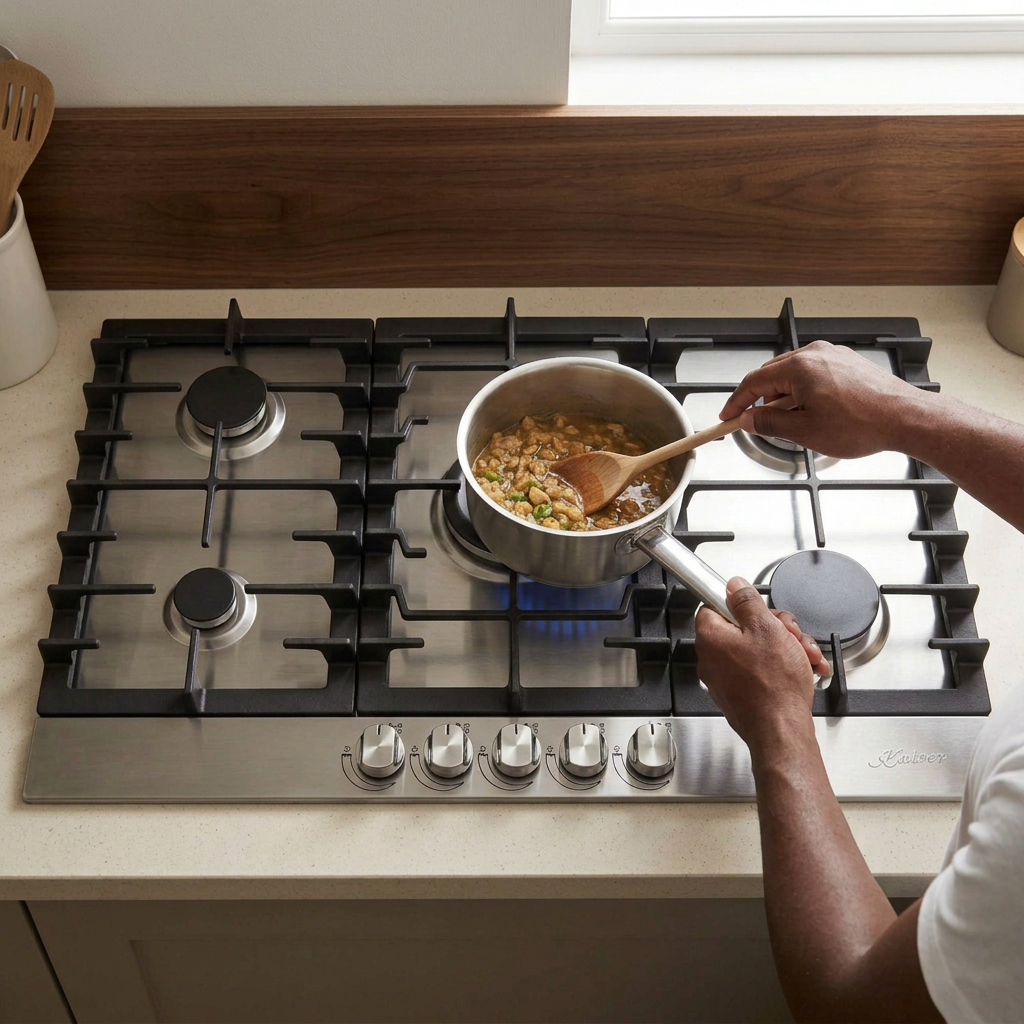 Face-hidden cooking scene with the Kaiser Grand Chef stainless-steel gas hob