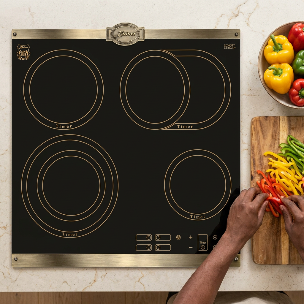 Face-hidden ingredient preparation beside the Kaiser Empire black ceramic hob