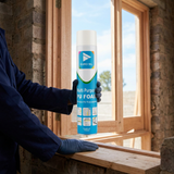 Face-hidden preparation scene with EuroSil PU Expanding Foam beside a window frame