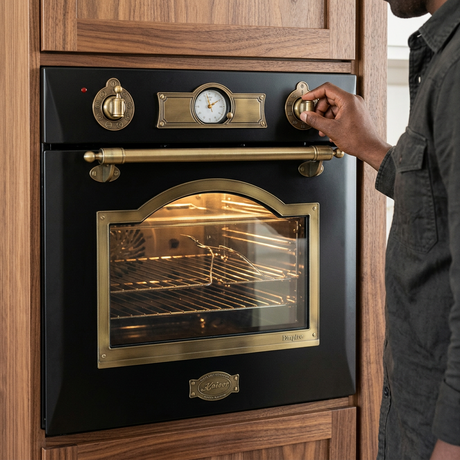 Face-hidden scene adjusting the Kaiser Empire oven controls