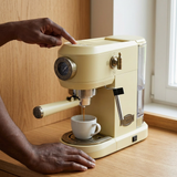 Face-hidden scene brewing espresso with the Kaiser machine