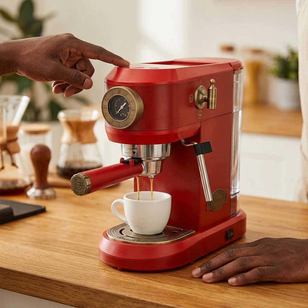 Face-hidden scene brewing espresso with the red Kaiser machine