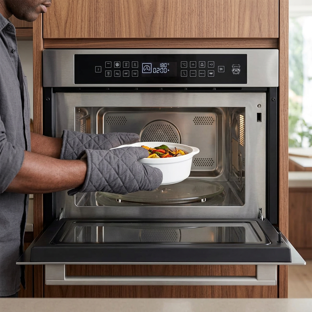 Face-hidden scene loading a ceramic dish into the open Kaiser compact oven