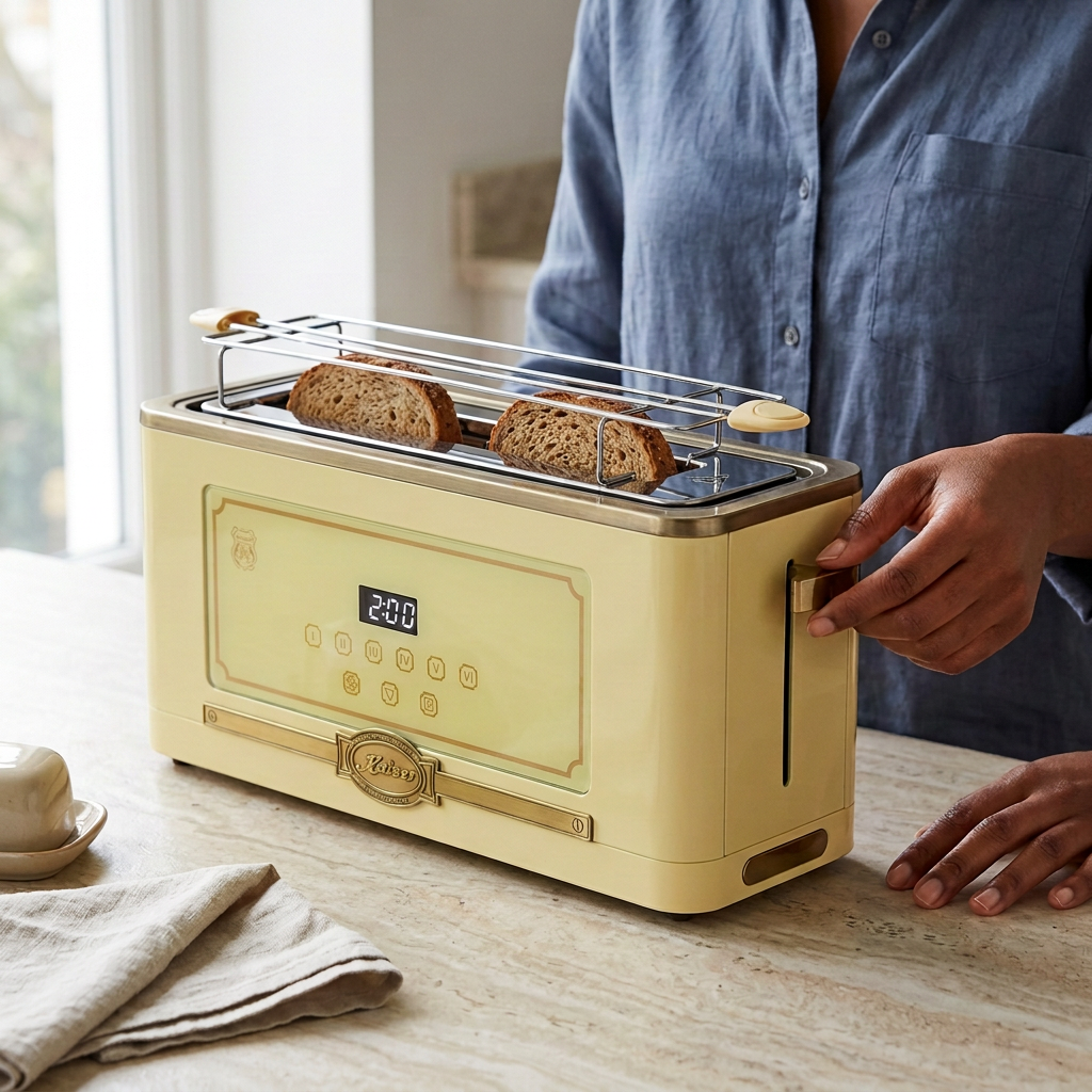 Face-hidden scene operating the Kaiser toaster’s side lever