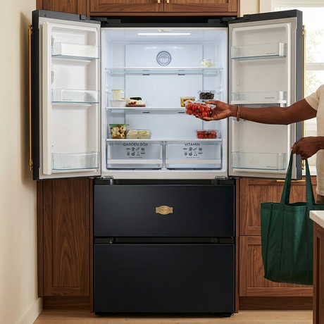 Face-hidden scene placing groceries into the open black Kaiser Empire refrigerator