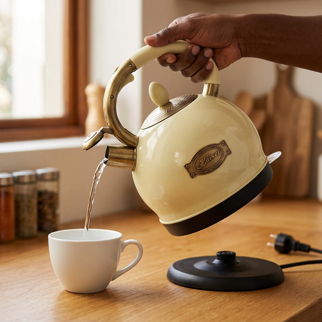 Face-hidden scene pouring water from the ivory Kaiser kettle