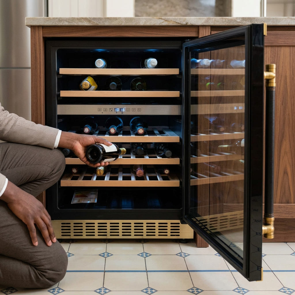 Face-hidden scene retrieving a bottle from the open Kaiser wine cooler