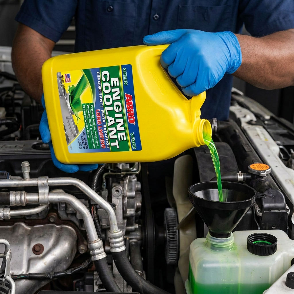 Face-hidden technician pouring ABRO Green Engine Coolant into the coolant reservoir through a funnel