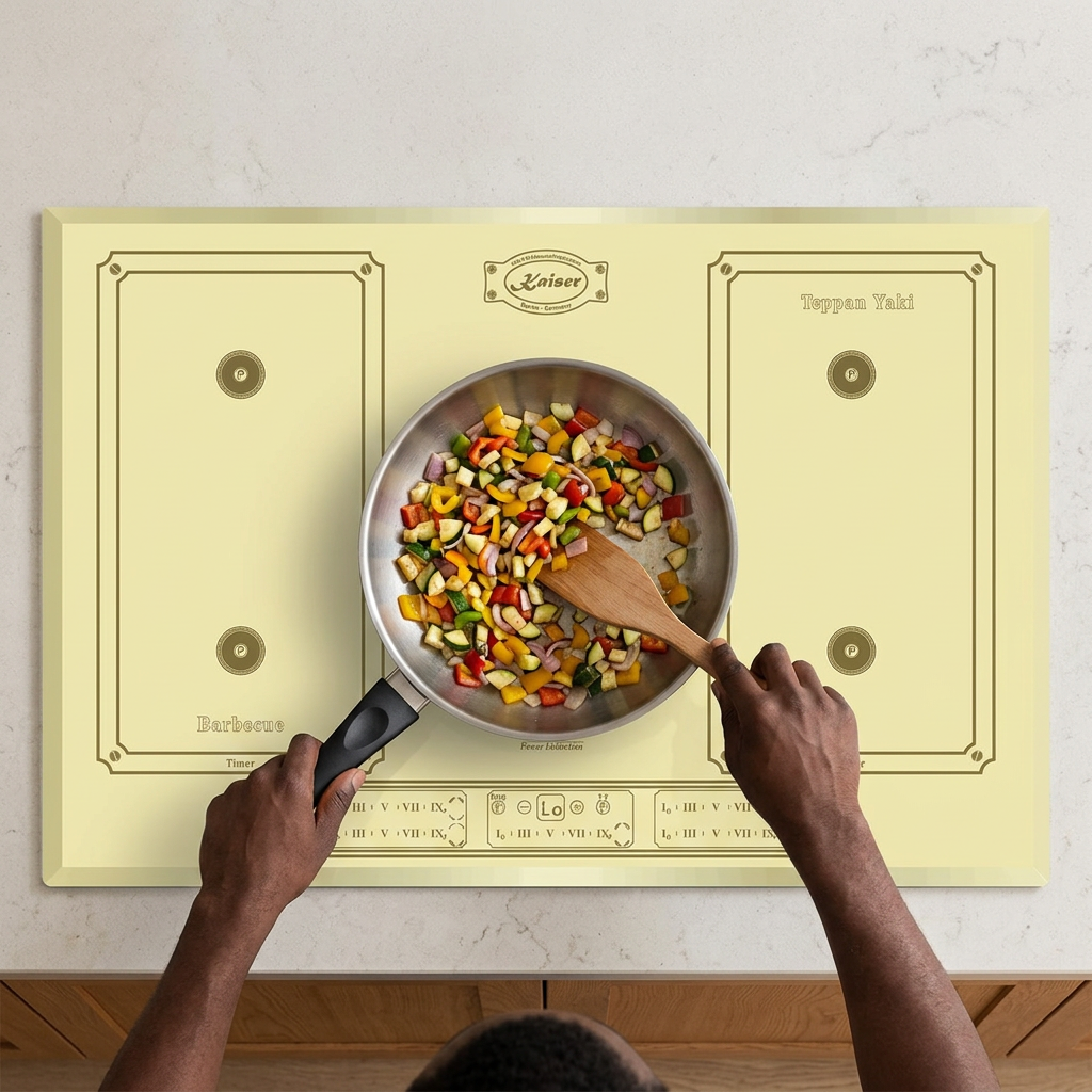 Face-hidden vegetable preparation on the ivory Kaiser Empire induction hob