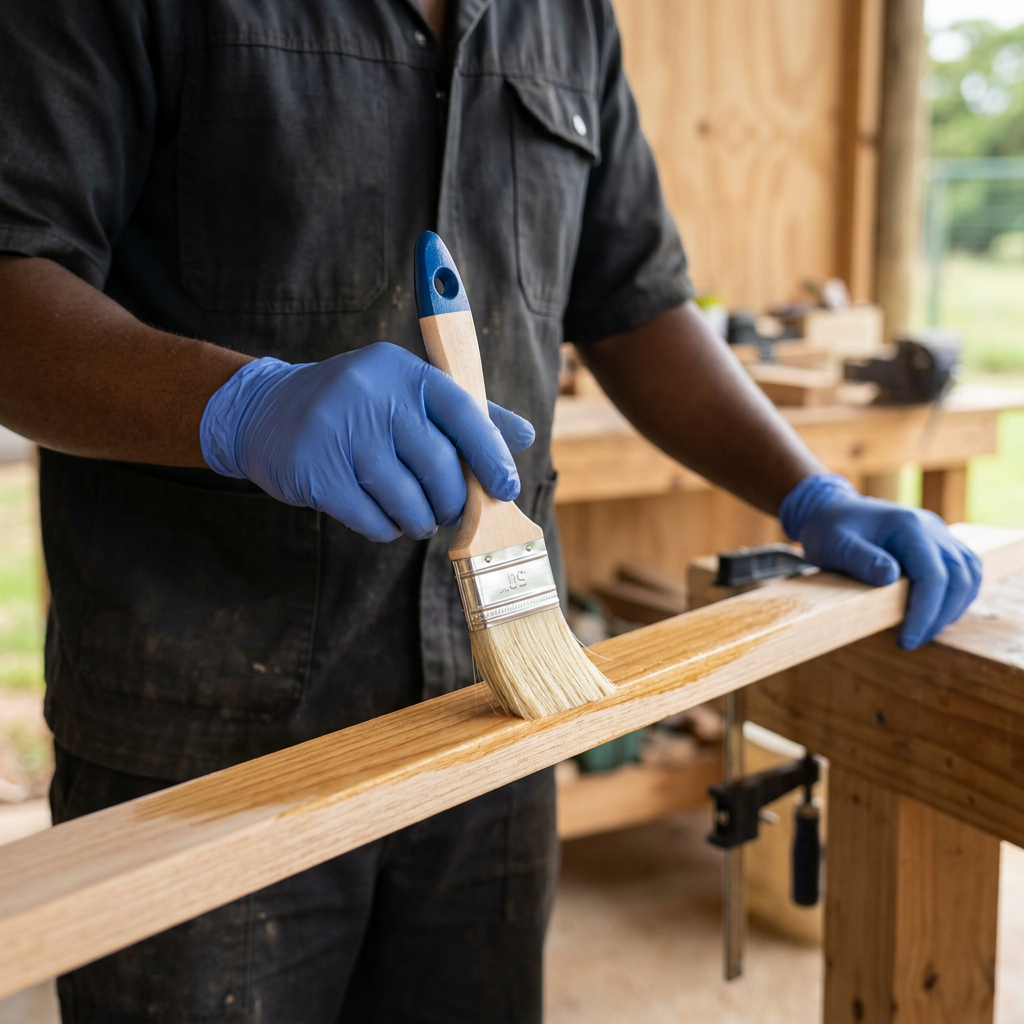 Face-hidden wood-finishing scene using a Wadfow wooden-handled brush