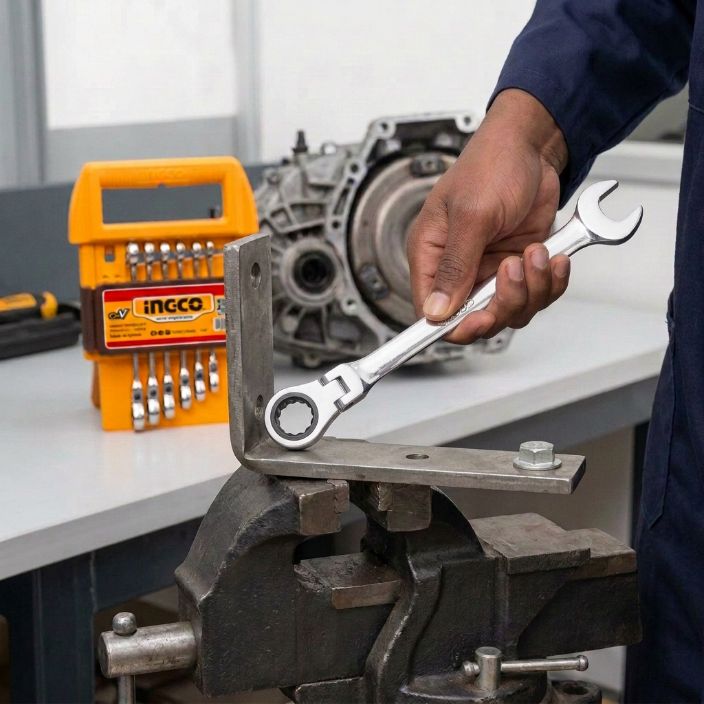Face-hidden workshop preparation with an Ingco flexible ratchet spanner and the set beside the workpiece