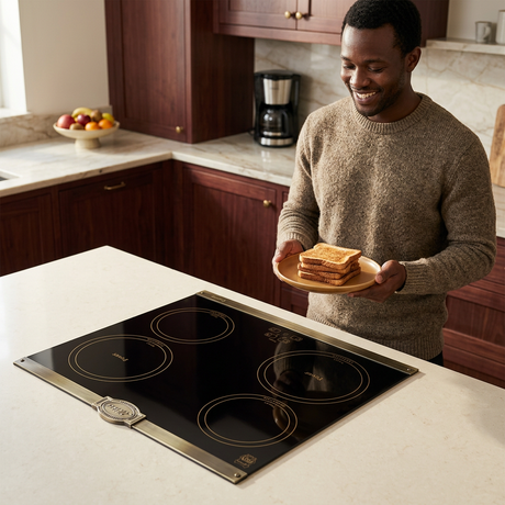 Face-visible breakfast scene beside the black Kaiser Empire induction hob