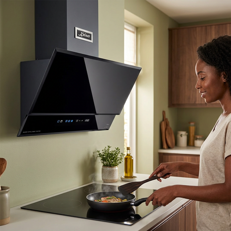 Face-visible cooking scene beneath the black Kaiser Avantgarde Pro hood