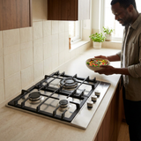 Face-visible kitchen lifestyle scene with the Kaiser Grand Chef 45cm stainless-steel three-burner hob