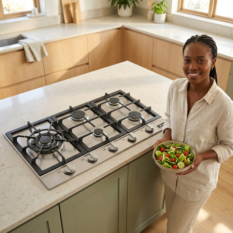Face-visible lifestyle scene with the Kaiser Avantgarde Pro 90cm stainless-steel five-burner hob