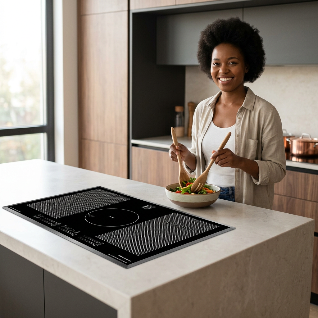 Face-visible meal-preparation scene beside the Kaiser La Perle induction hob
