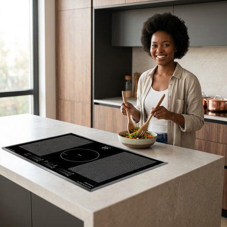 Face-visible meal-preparation scene beside the Kaiser La Perle induction hob