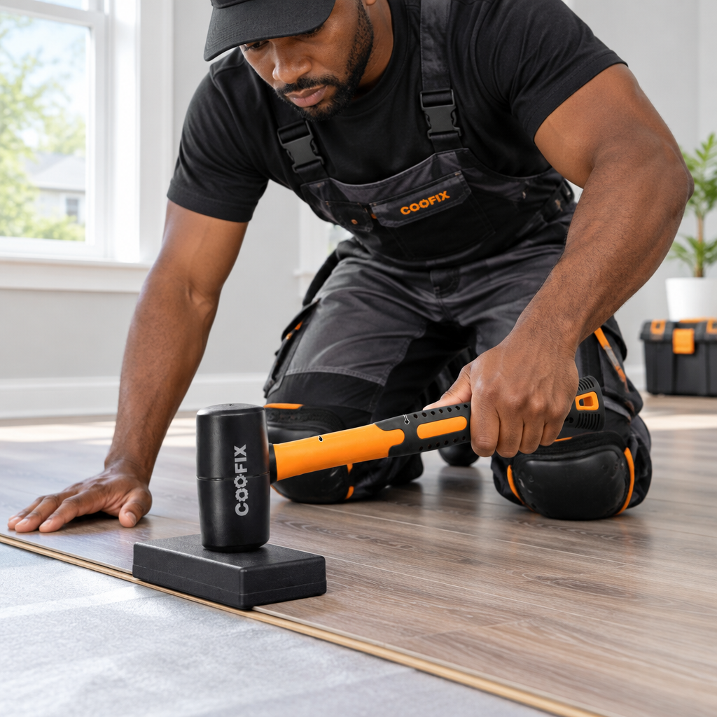 Flooring installer using the Coofix mallet with a tapping block