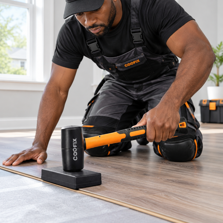 Flooring installer using the Coofix mallet with a tapping block