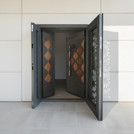 Fort Door Fort Door Laminox Security Door with Ventilated Burglar Guard - Graphite Walnut Mosaic