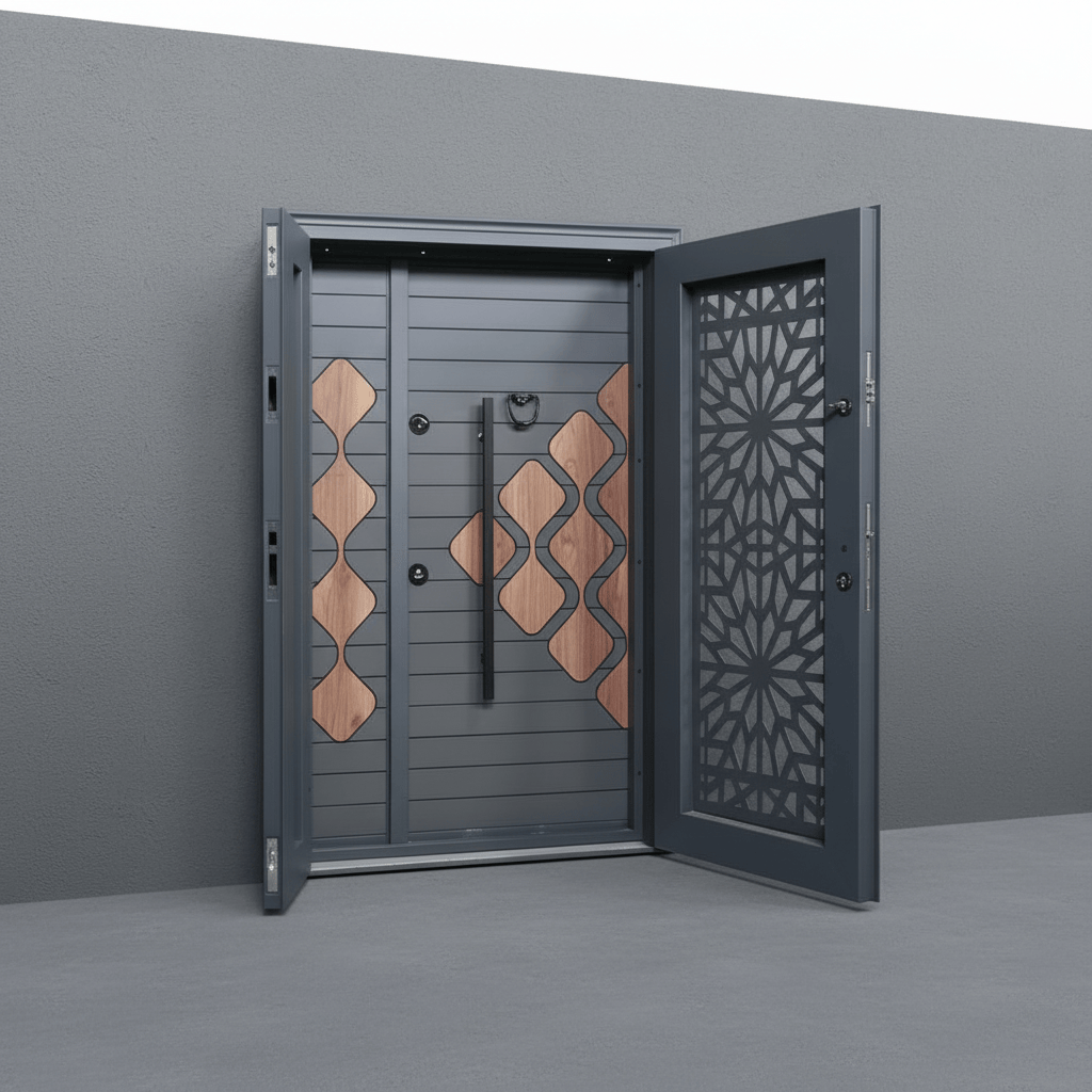 Fort Door Fort Door Laminox Security Door with Ventilated Burglar Guard - Graphite Walnut Mosaic