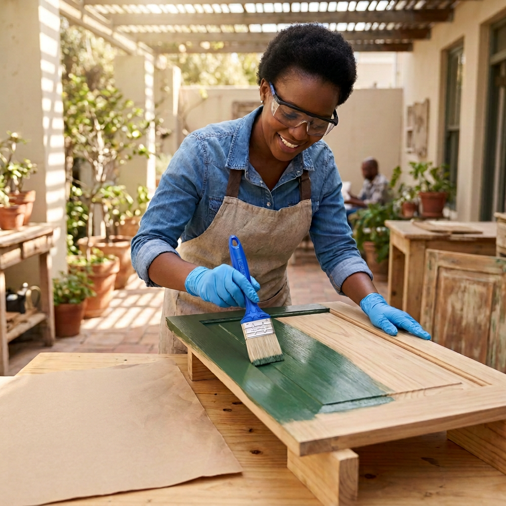 Furniture-restoration scene using a Wadfow brush in an open-air workshop