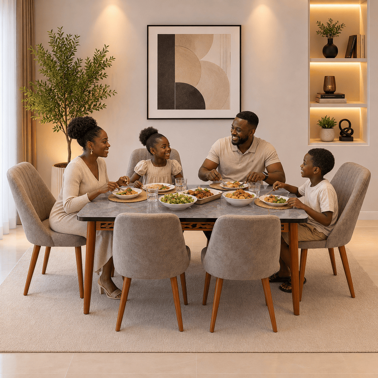 Furniture Sarayi Dining Room Furniture Aris Modern 7-Piece Rectangular Dining Table Set with 6 Upholstered Chairs - STC 02