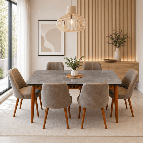 Furniture Sarayi Dining Room Furniture Aris Modern 7-Piece Rectangular Dining Table Set with 6 Upholstered Chairs - STC 02