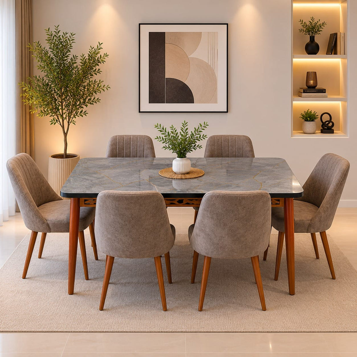 Furniture Sarayi Dining Room Furniture Aris Modern 7-Piece Rectangular Dining Table Set with 6 Upholstered Chairs - STC 02