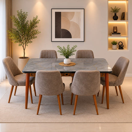 Furniture Sarayi Dining Room Furniture Aris Modern 7-Piece Rectangular Dining Table Set with 6 Upholstered Chairs - STC 02