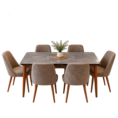 Furniture Sarayi Dining Room Furniture Aris Modern 7-Piece Rectangular Dining Table Set with 6 Upholstered Chairs - STC 02