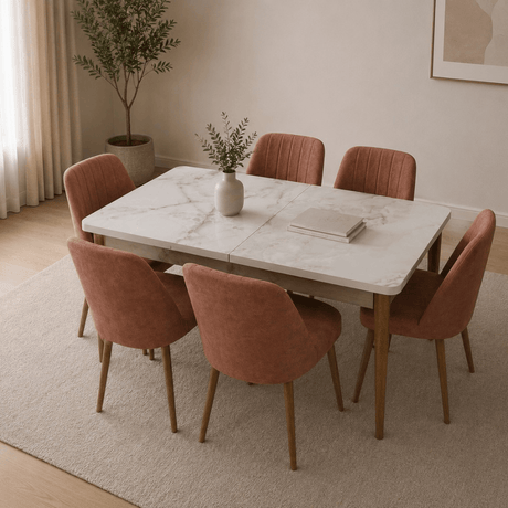 Furniture Sarayi Dining Room Furniture Marmol Modern 7-Piece Rectangular Dining Table Set with 6 Upholstered Chairs - STC 01