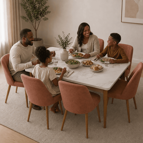 Furniture Sarayi Dining Room Furniture Marmol Modern 7-Piece Rectangular Dining Table Set with 6 Upholstered Chairs - STC 01