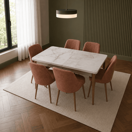 Furniture Sarayi Dining Room Furniture Marmol Modern 7-Piece Rectangular Dining Table Set with 6 Upholstered Chairs - STC 01