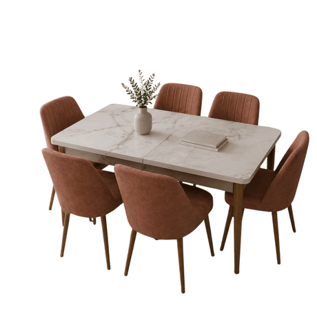Furniture Sarayi Dining Room Furniture Marmol Modern 7-Piece Rectangular Dining Table Set with 6 Upholstered Chairs - STC 01