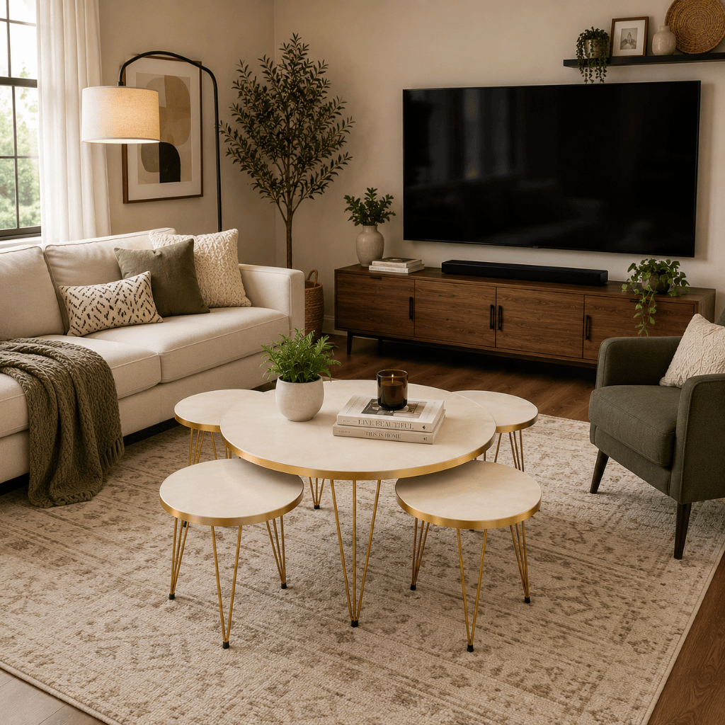 Furniture Sarayi Living Room Furniture Milano Round Nesting Coffee Table Set with Centre Table & 4 Coffee Tables - F-3127
